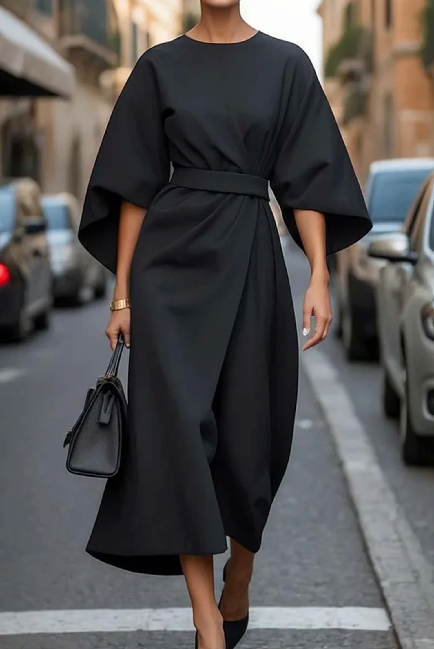 Women's Belted Midi Dress with Gathered Sleeves in Navy Blue for Elegant Occasions | Koossa