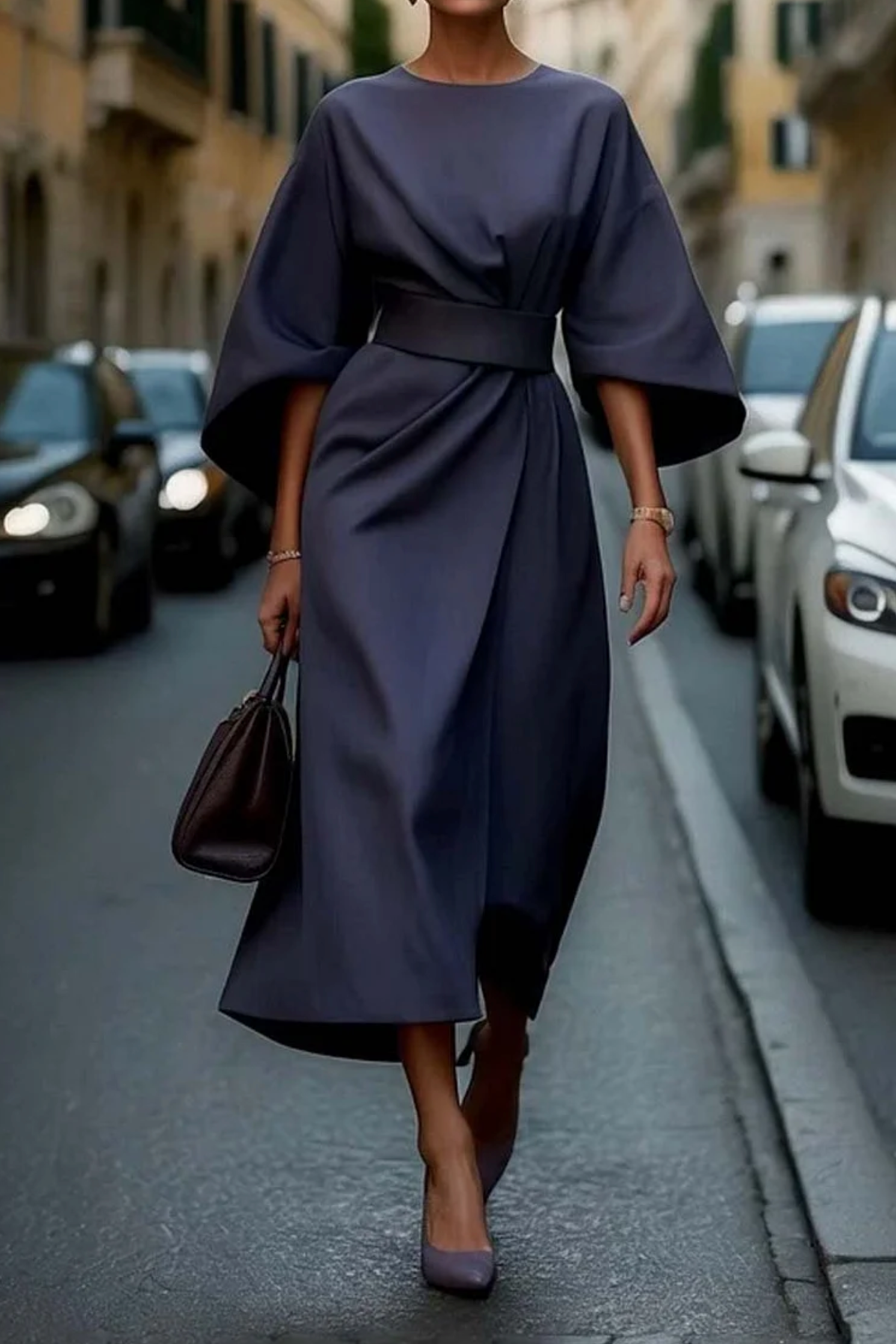 Women's Belted Midi Dress with Gathered Sleeves in Navy Blue for Elegant Occasions | Koossa