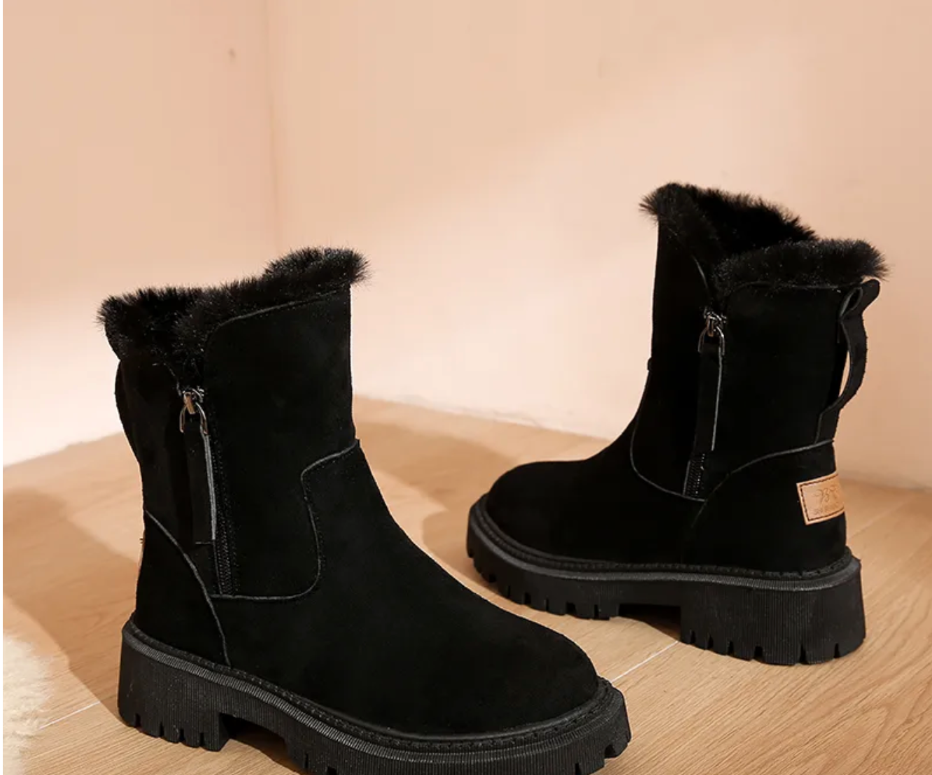 Warm-Lined Mid-Calf Boots in Black and Beige with Side Zip | Winter Footwear for Women | Chunky Sole Walking Boots | Cosy Seasonal Styling | Koossa
