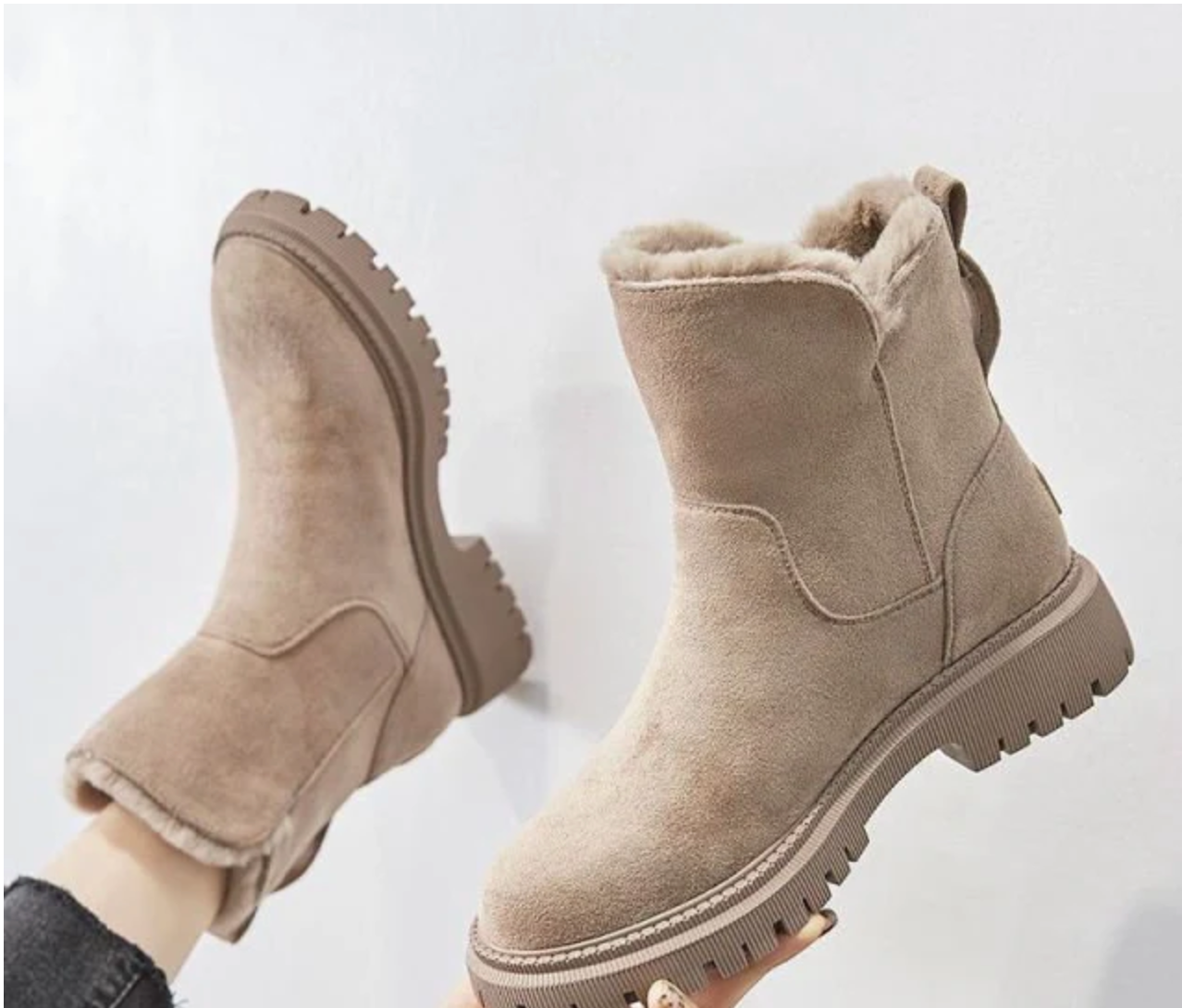 Warm-Lined Mid-Calf Boots in Black and Beige with Side Zip | Winter Footwear for Women | Chunky Sole Walking Boots | Cosy Seasonal Styling | Koossa