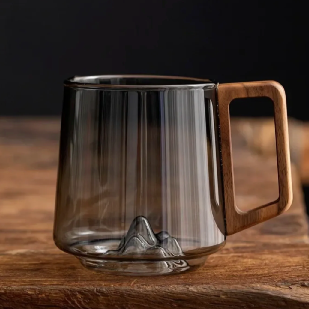Tasse en verre double paroi 300 ml motif montagne et poignée bois pour café thé boissons chaudes froides | Koossa