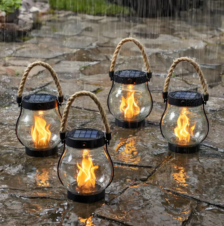 Lanterne Solaire à Poser Effet Flamme 22 LED Chanvre Jardin Terrasse Balcon Extérieur Étanche Éclairage Autonome | Koossa