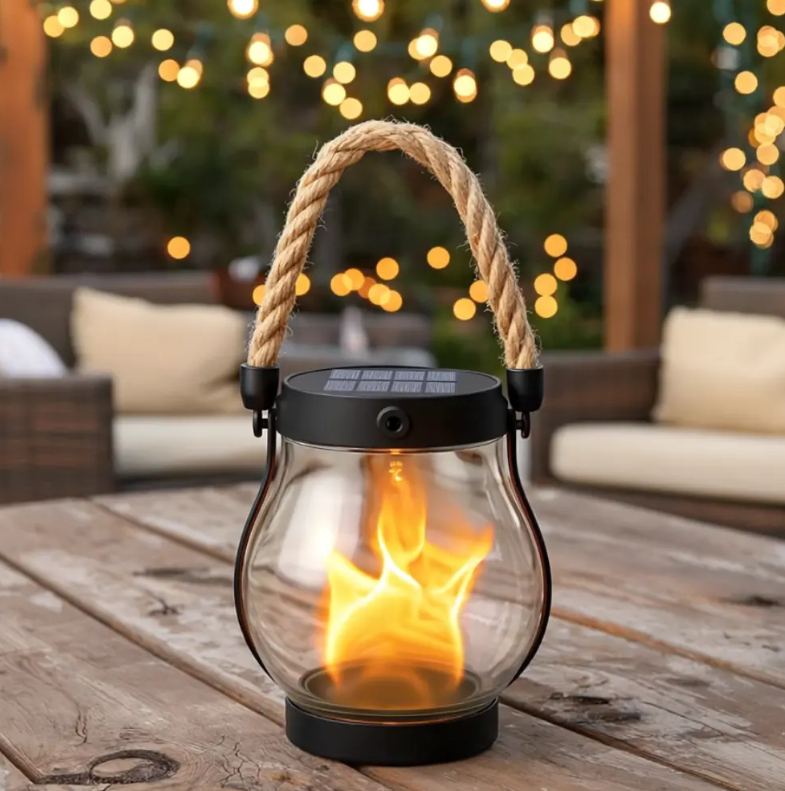 Lanterne Solaire à Poser Effet Flamme 22 LED Chanvre Jardin Terrasse Balcon Extérieur Étanche Éclairage Autonome | Koossa