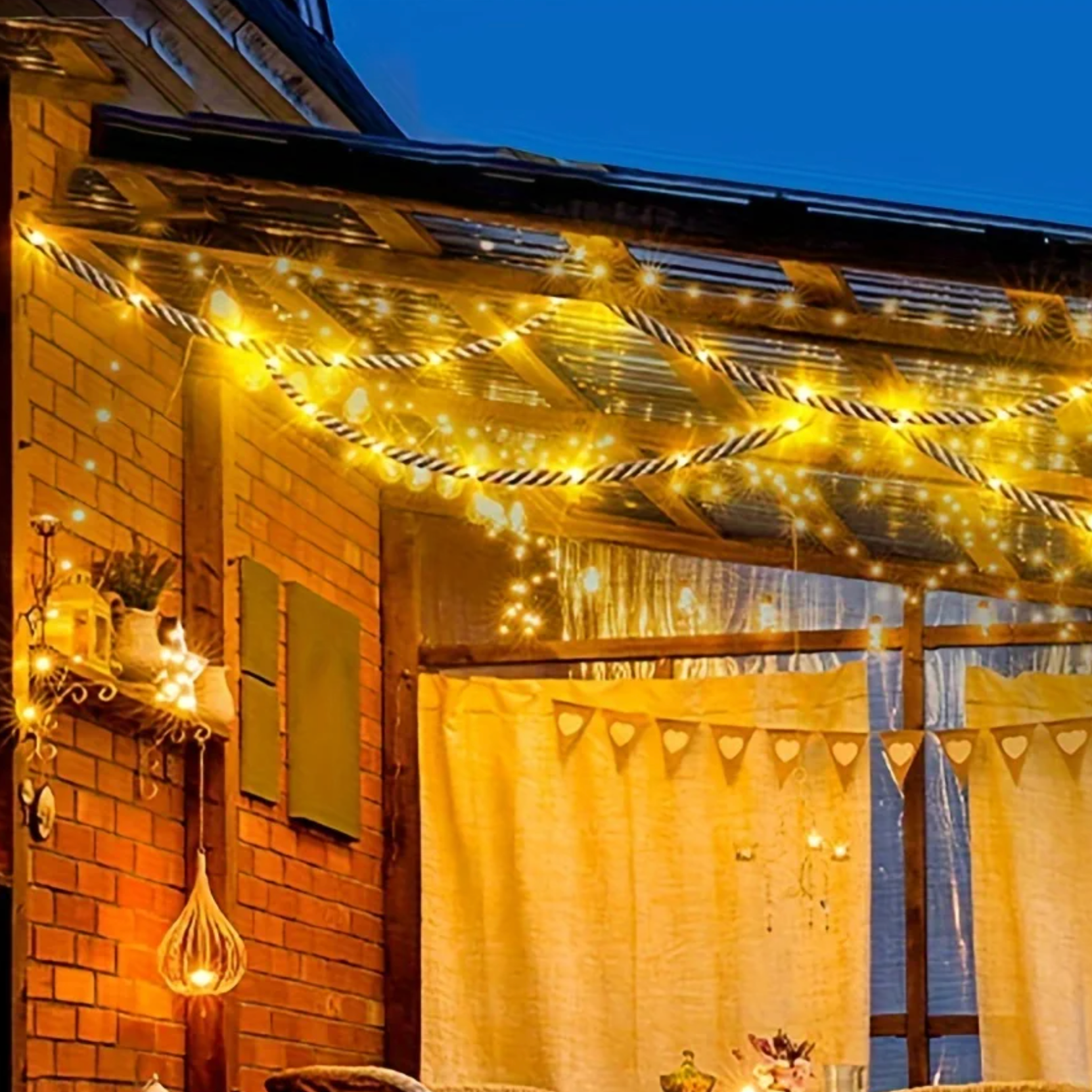 Guirlande lumineuse solaire décorative en corde de chanvre 5 m 100 LED blanc chaud pour jardin terrasse balcon | Koossa