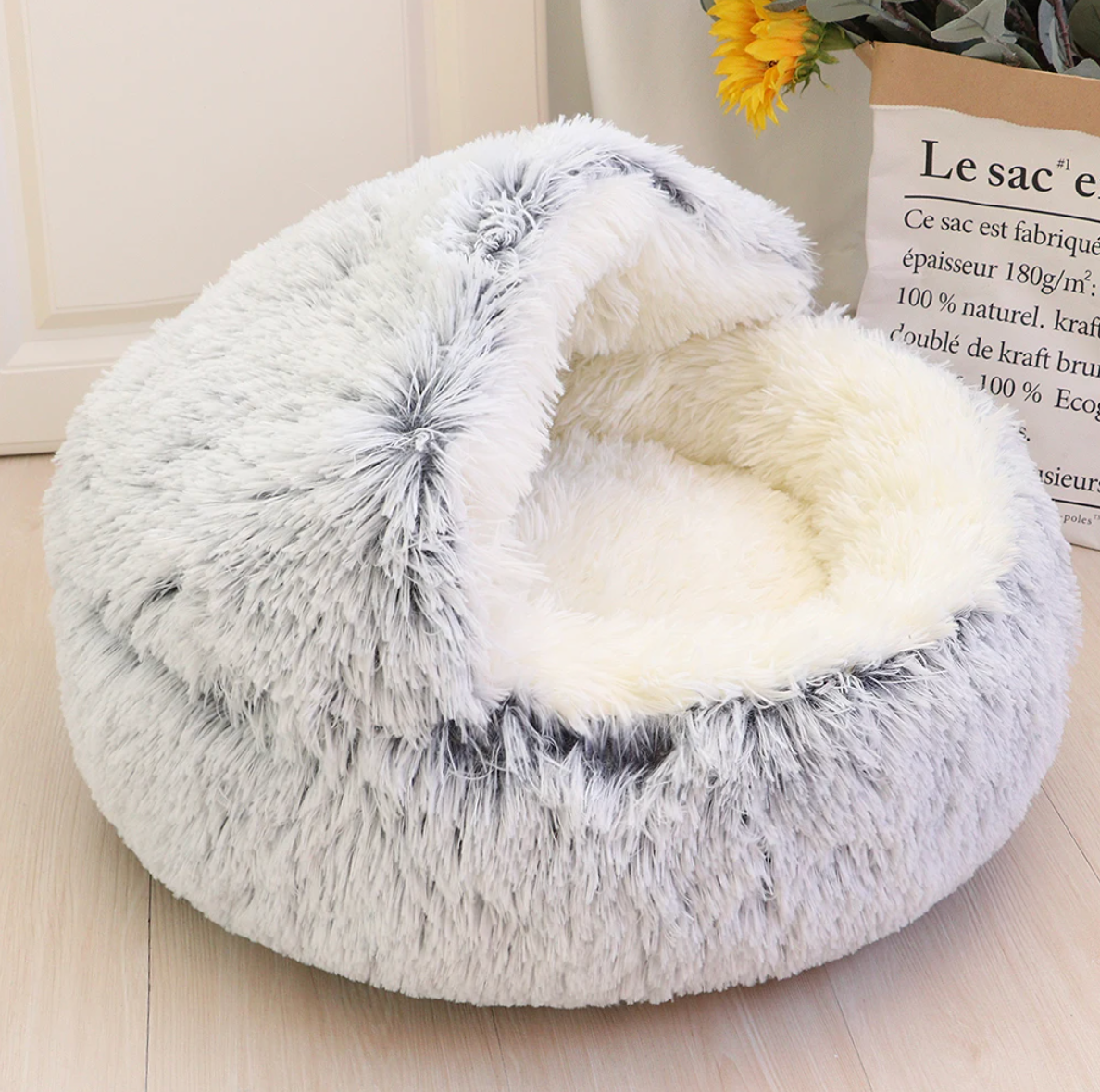 Fluffy Cat Bed Donut Plush Washable Anti-Slip Hooded Cave Nest Small Medium Large Cats 40cm 50cm 60cm Grey White Pink | Koossa