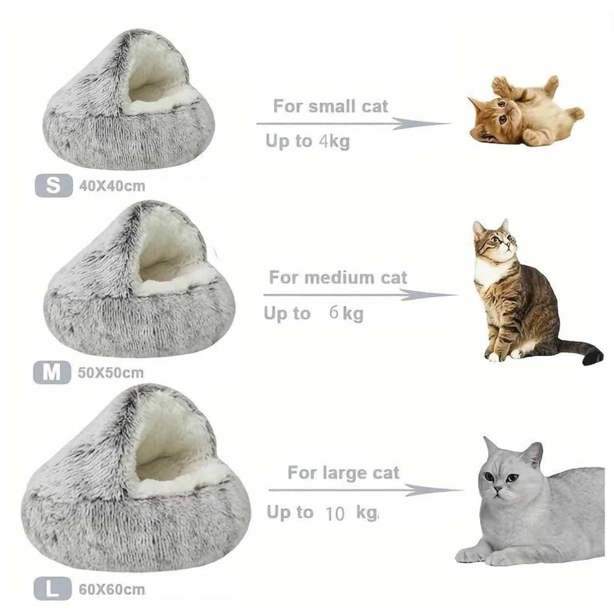 Fluffy Cat Bed Donut Plush Washable Anti-Slip Hooded Cave Nest Small Medium Large Cats 40cm 50cm 60cm Grey White Pink | Koossa