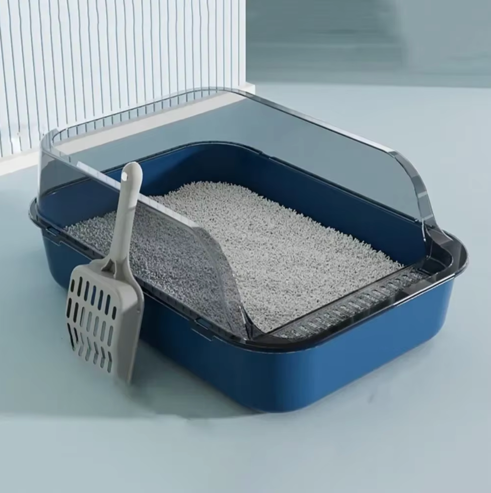 Cat Litter Tray Open Top Plastic 40x28x16cm with Scoop Blue Grey Pink Kitten Toilet Box Easy Clean | Koossa