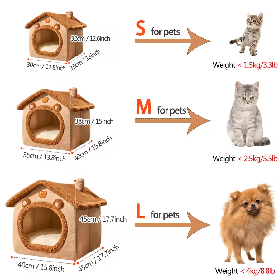 Pet House Indoor Cat Dog Cave Bed Foldable Washable Plush Small Cats Dogs S M L 30cm 35cm 40cm Brown Grey Cosy Enclosed | Koossa