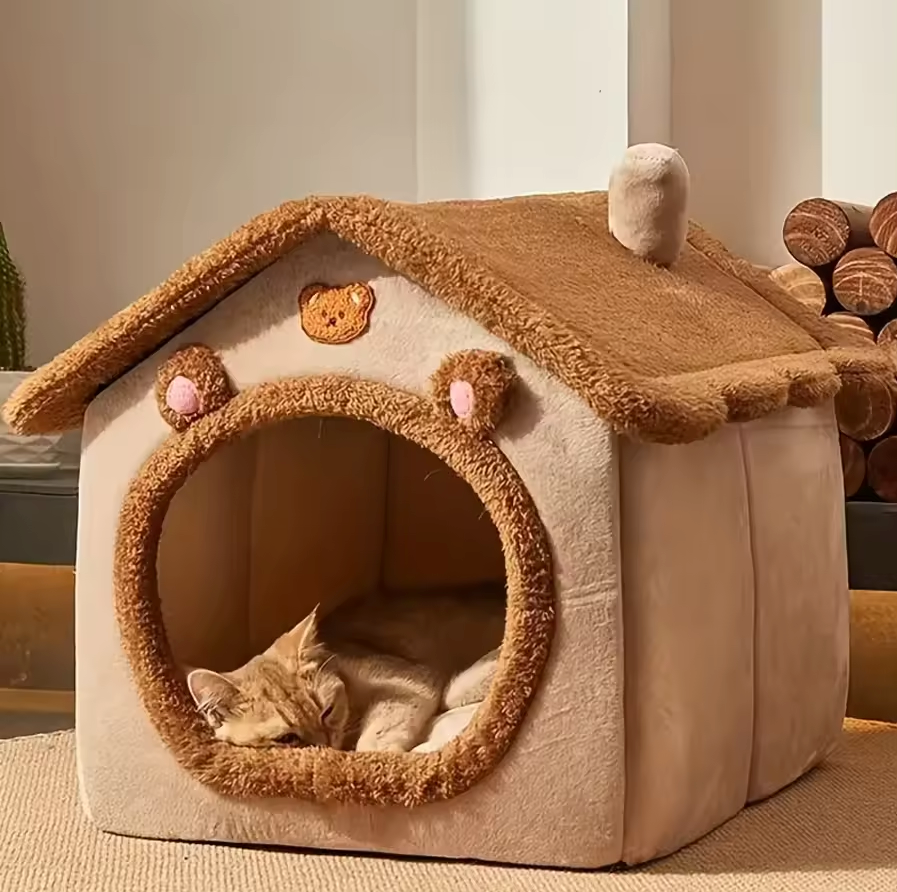 Pet House Indoor Cat Dog Cave Bed Foldable Washable Plush Small Cats Dogs S M L 30cm 35cm 40cm Brown Grey Cosy Enclosed | Koossa