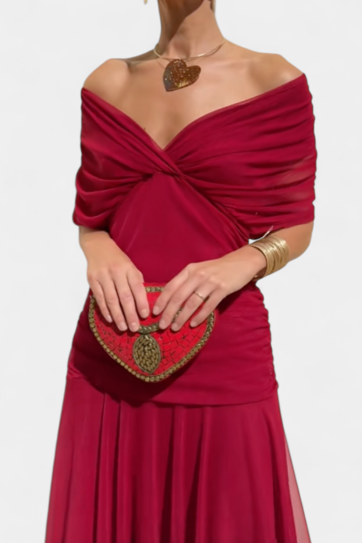 Women's Off-Shoulder Dress with Pleated Detail and Floral Print for Summer Weddings Garden Parties Evening Events | Koossa