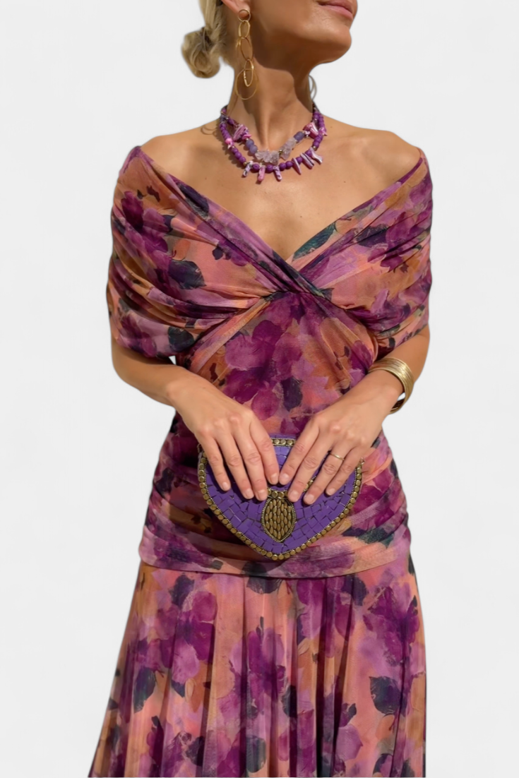 Women's Off-Shoulder Dress with Pleated Detail and Floral Print for Summer Weddings Garden Parties Evening Events | Koossa
