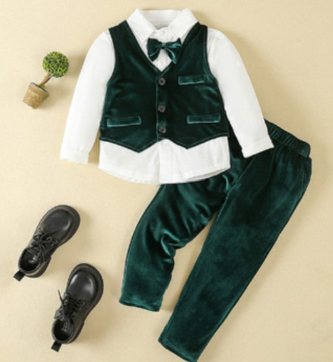 Boys 3-Piece Formal Suit Set with Shirt, Vest, Pants & Bow Tie, Navy Blue Toddler Dress Outfit for Weddings, Parties & Photos | Lonoma
