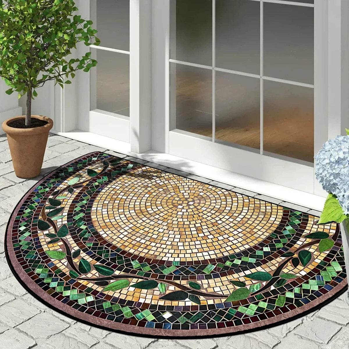 Half-Moon Non-Slip Doormat Geometric Mosaic Print for Entry Patio | Vintage Floral Patchwork Design Indoor Outdoor Mat | Lonoma