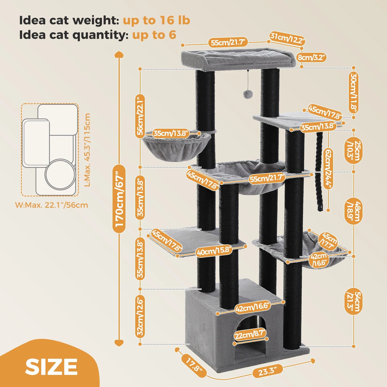 Cat Tree Large 170cm Tall Multi-Level Tower 11 Sisal Posts Steel Frame Hammocks Condo Perch Platform House 6-8 Cats Heavy Duty Climbing Scratching | Koossa