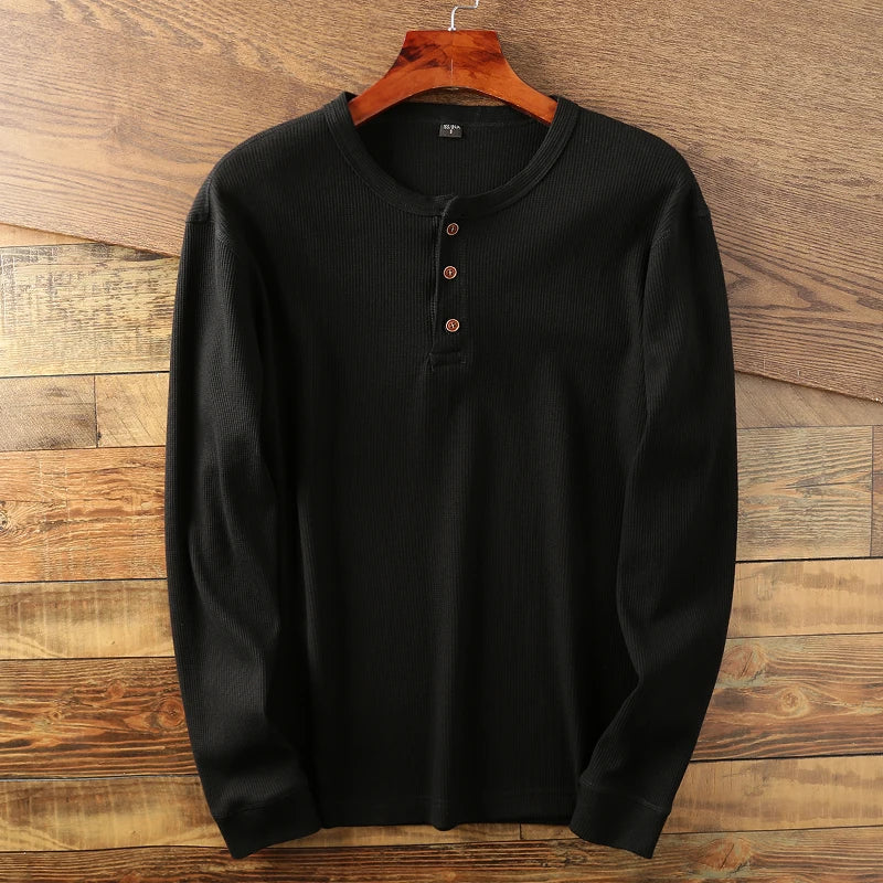 Men's Cotton Henley Shirt with Buttoned Neckline – Classic Long-Sleeved Top in Six Shades for Smart Casual Style | Koossa