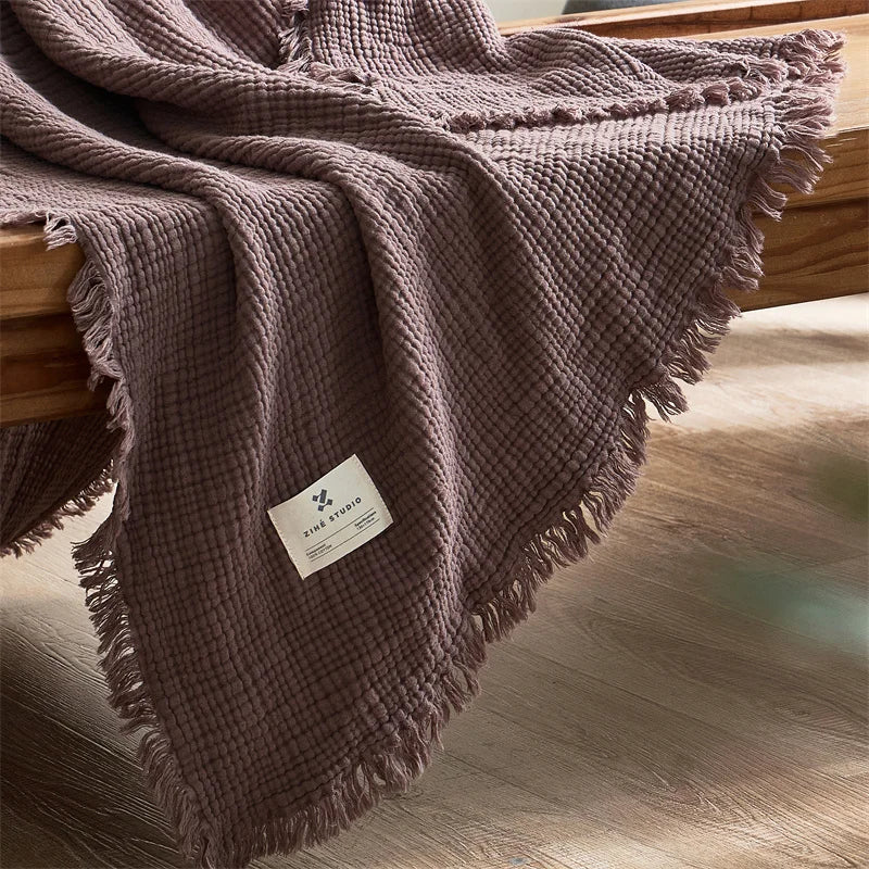 Cotton Gauze Throw Blanket with Tassels 4-Layer Breathable Lightweight for Couch Bed Sofa Decorative All-Season Use | Lonoma