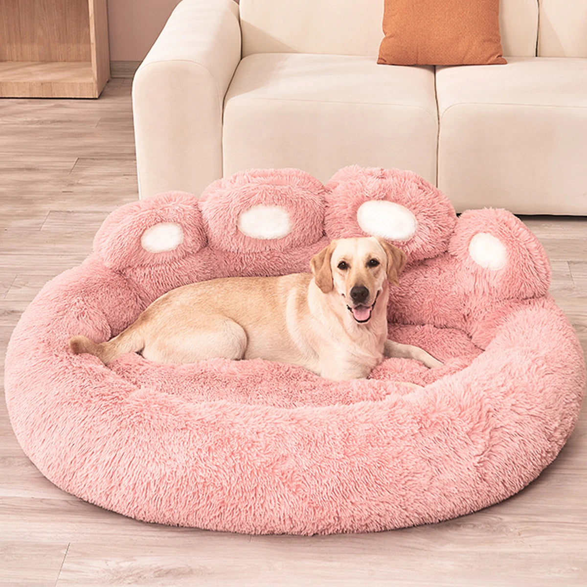 Dog Bed Round Plush Fluffy Paw Print 50-110cm Calming Donut Cushion Anti-Slip Base Winter Warm Cat Puppy Basket Washable Pet Mat | Koossa