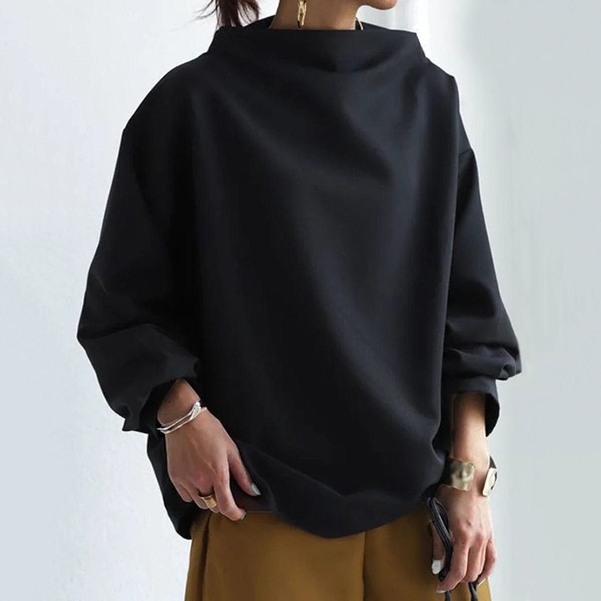 Women's High-Neck Long Sleeve Top in Soft Jersey | Classic Layering Essential for Smart-Casual Everyday Elegance | Koossa