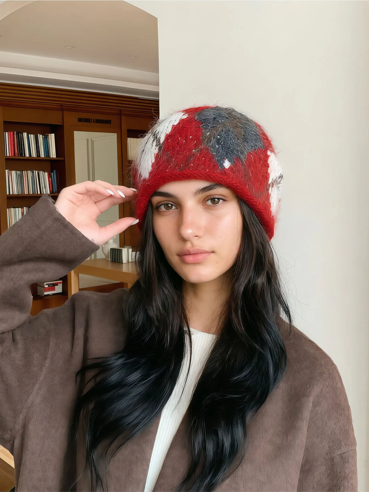 Knit Beanie with Ear Flaps Diamond Plaid Pattern Winter Hat Unisex Cold Weather Headwear Casual Outdoor Warm Cap | Lonoma