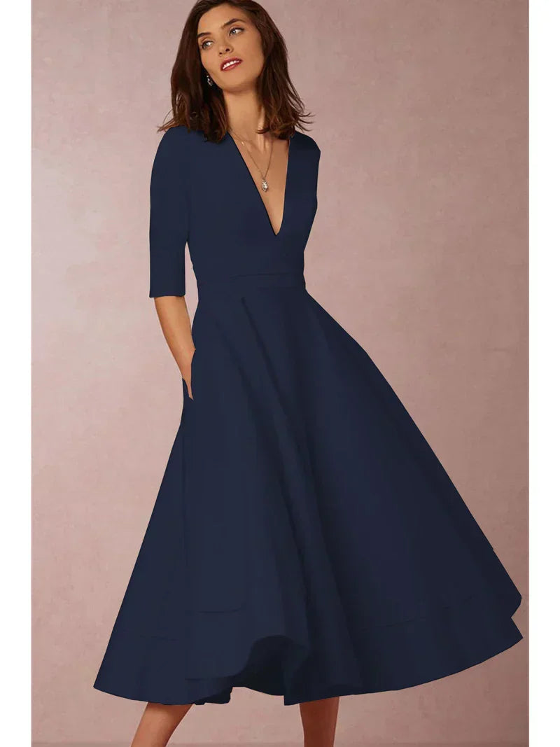 Women's V-Neck Midi Dress with Three-Quarter Sleeves — Elegant Occasion Dress for Events & Dinners | Koossa
