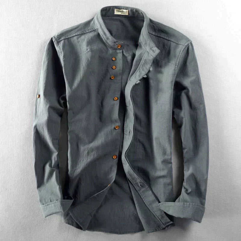Japanese-Inspired Men's Button-Down Shirt – Linen Cotton Blend Long Sleeve Casual Dress Shirt for Office Work Vacation Travel | Lonoma
