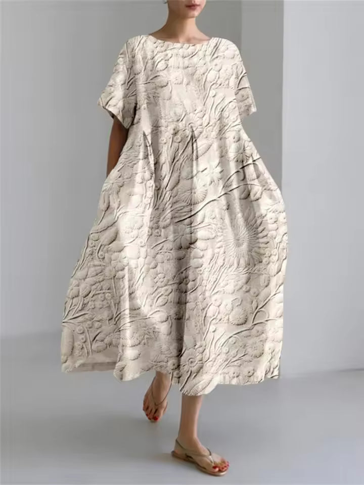 Women's Floral Midi Dress with Relaxed Silhouette and Round Neckline for Effortless Elegance | Koossa