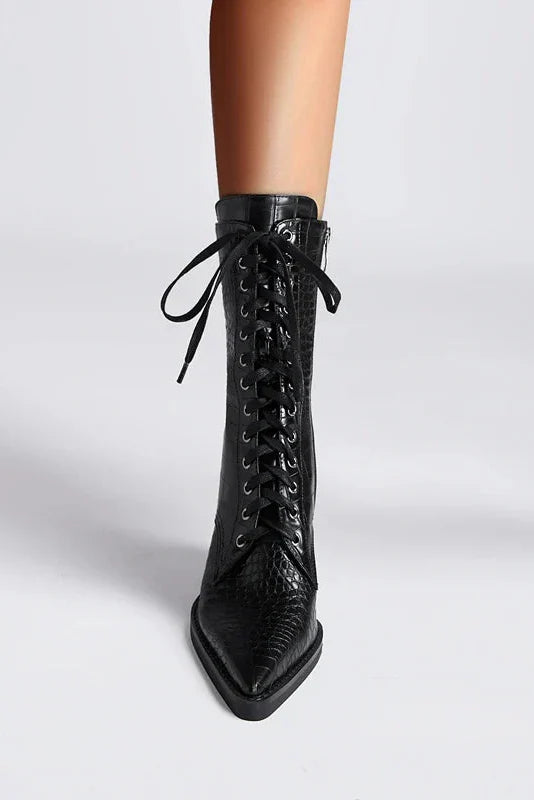 Croc-Effect Pointed Block Heel Lace-Up Ankle Boots in Brown and Black | Koossa