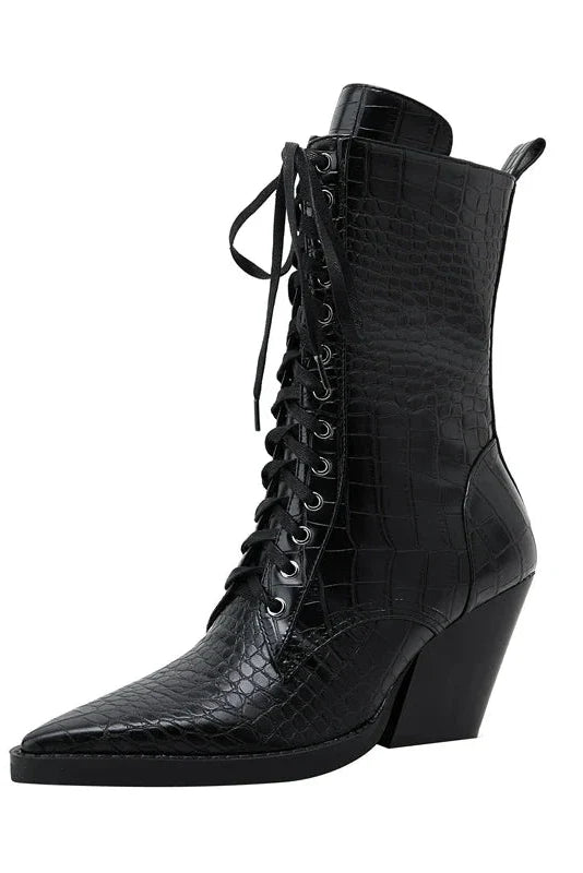 Croc-Effect Pointed Block Heel Lace-Up Ankle Boots in Brown and Black | Koossa