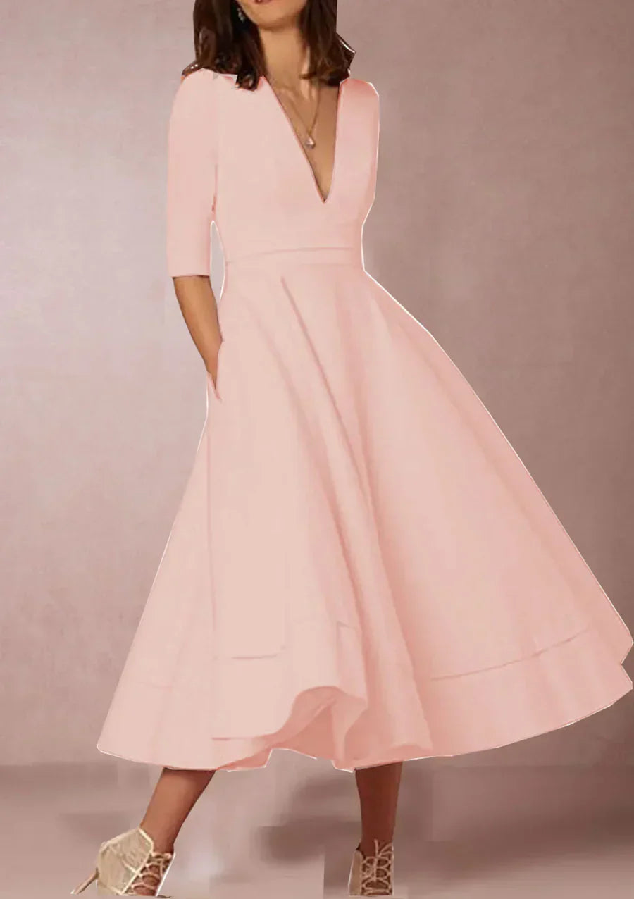 Women's V-Neck Midi Dress with Three-Quarter Sleeves — Elegant Occasion Dress for Events & Dinners | Koossa
