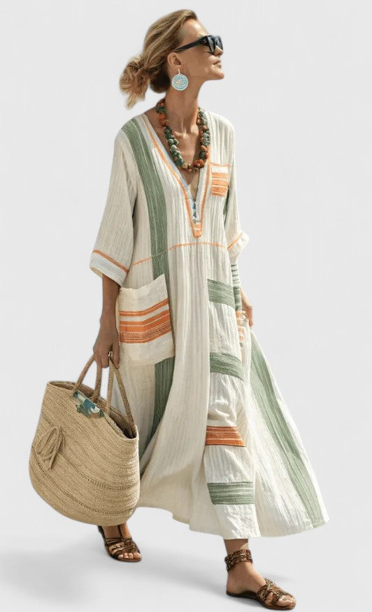 Women's V-Neck Maxi Dress in Lightweight Fabric with Relaxed Flowing Silhouette for Summer Occasions | Koossa