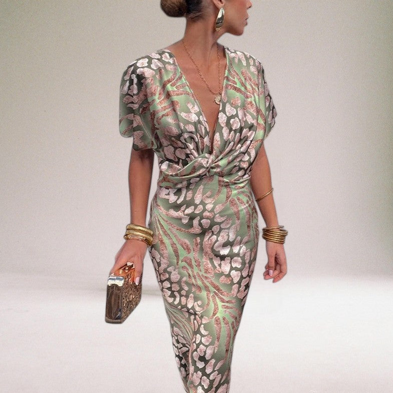 Women's Wrap Maxi Dress in Light Green for Wedding Guests and Special Occasions | Elegant Evening Gown with Twisted V-Neckline and Flowing Silhouette | Koossa