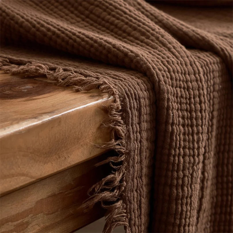 Layered Cotton Gauze Throw with Tassels Breathable Lightweight Blanket for Couch Sofa Bed All Season 100% Natural | Lonoma