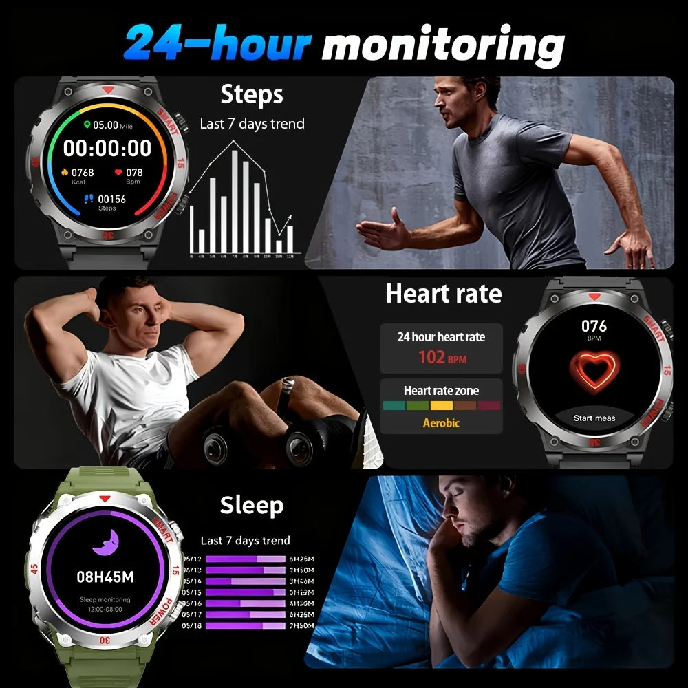 Round Fitness Watch 1.52 in HD Display Built-In Flashlight Heart Rate Monitor Bluetooth Calling Magnetic Charging for Running Cycling Hiking | Lonoma