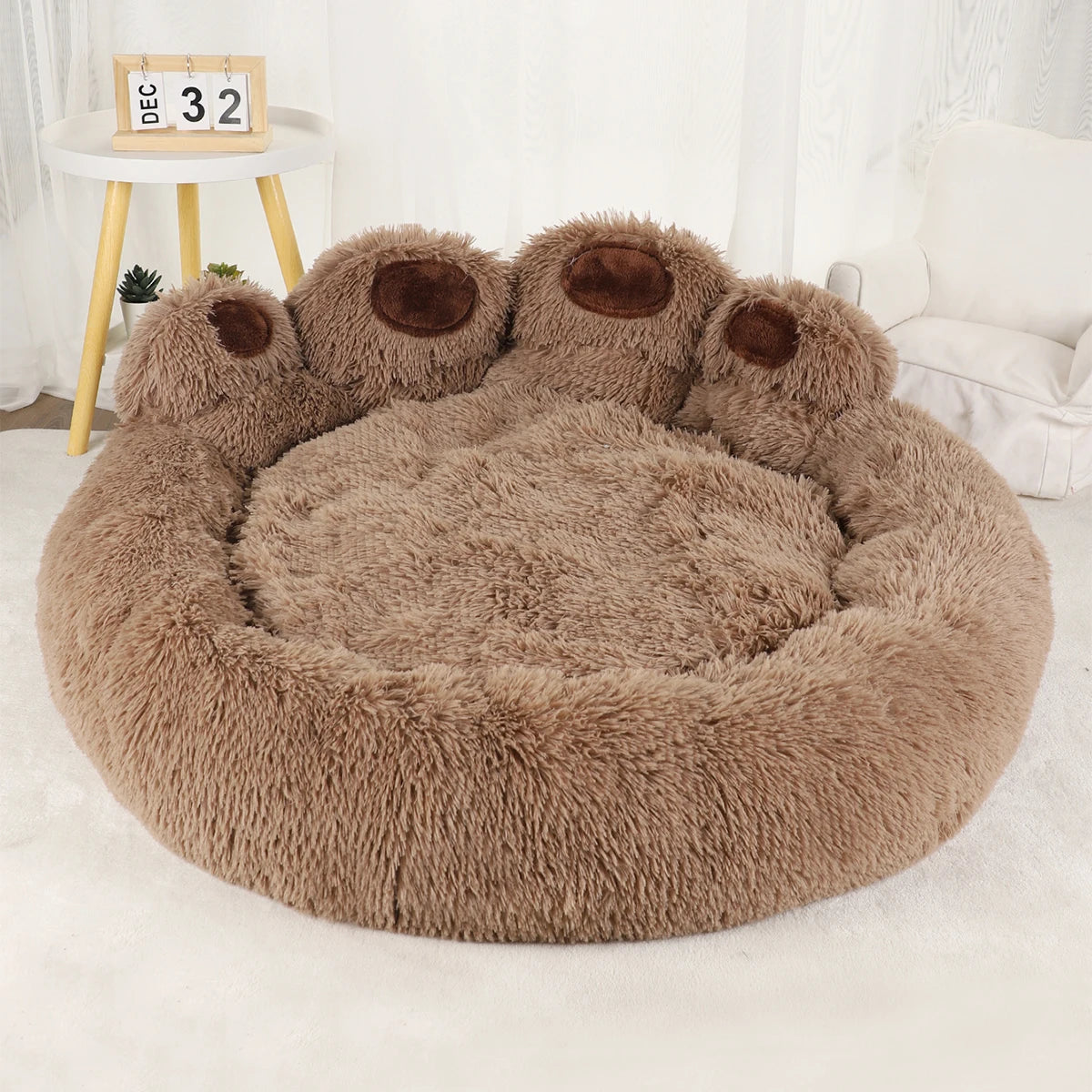 Dog Bed Round Plush Fluffy Paw Print 50-110cm Calming Donut Cushion Anti-Slip Base Winter Warm Cat Puppy Basket Washable Pet Mat | Koossa