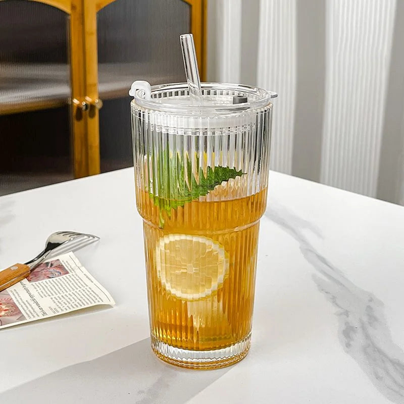 Gobelet isotherme côtelé en verre borosilicate double paroi avec paille réutilisable pour café thé nomade | Koossa