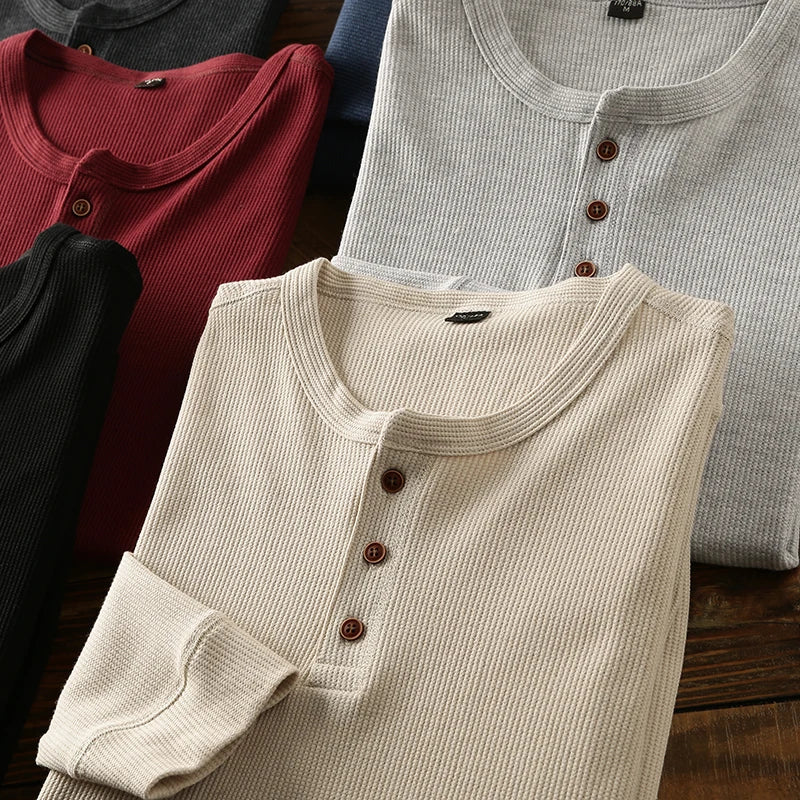 Men's Cotton Henley Shirt with Buttoned Neckline – Classic Long-Sleeved Top in Six Shades for Smart Casual Style | Koossa