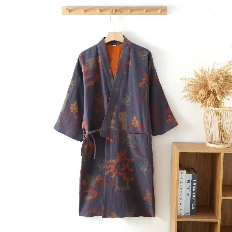 Men's Cotton Kimono Robe Blue Green Printed Long Lightweight Bathrobe V-Neck Spa Wrap for Spring Summer Fall Loungewear Sleepwear | Lonoma
