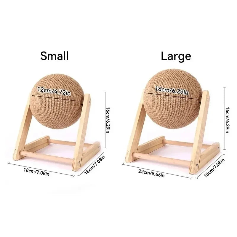 Cat Scratching Ball Sisal Rope Wood Stand 12cm or 16cm Rotating Sphere Triangle Base Indoor Claw Grinding Toy Natural Material | Koossa