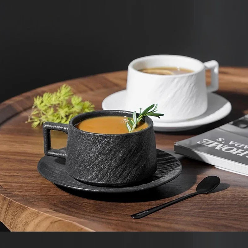 Stoneware Cup and Saucer Set, Black or White Glazed Ceramic Coffee and Tea Cup with Plate, Minimalist Drinkware for Kitchen and Dining | Lonoma