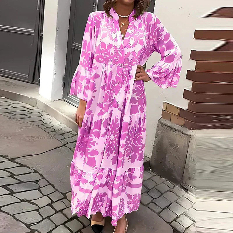 Women's Bohemian Printed Midi Dress with Long Sleeves in Flowing Viscose | Elegant Spring Summer Occasion Wear | Koossa