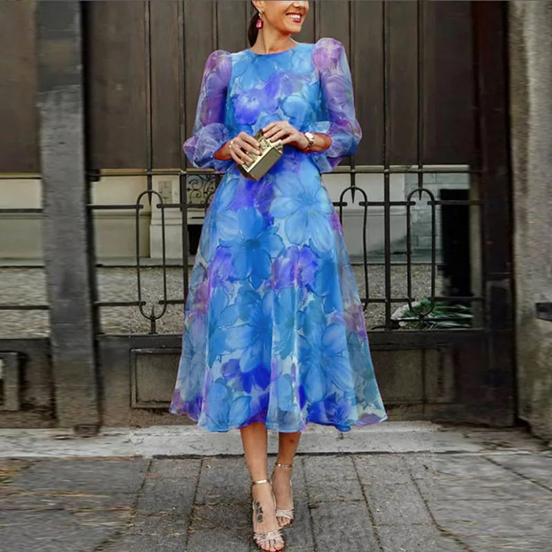 Women's Floral Midi Dress with Long Sleeves in Pink and Blue – Elegant Garden Party and Wedding Guest Dress for Spring and Summer | Koossa