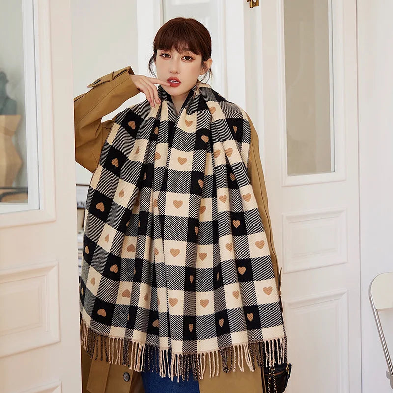 Oversized Plaid Blanket Scarf for Women – Thick Knit Winter Wrap Shawl with Heart Design for Cold Weather | Lonoma