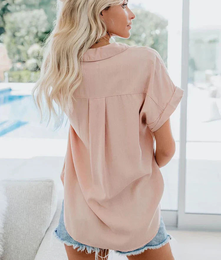 Women's Short Sleeve Collared Blouse with Chest Pocket in Pink, Black, White & More – Relaxed Fit Casual Shirt | Koossa