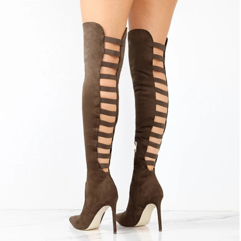 Women's Thigh-High Open-Toe Boots in Premium Suede | Statement Footwear for Sophisticated Evenings and Fashion-Forward Styling | Koossa