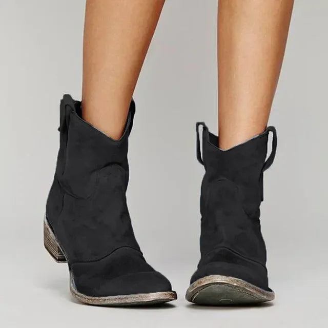 Women's Mid-Calf Western Boots Stacked Heel Brown Black Blue Grey Pink Rounded Toe Pull-On Cowboy Ankle Boots Textured Sole Autumn Winter | Koossa