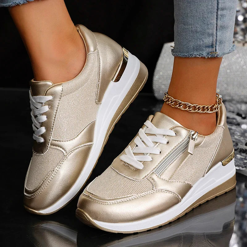 Women's Wedge Trainers with Side Zip in Metallic Finish for Smart Casual Wear | Koossa