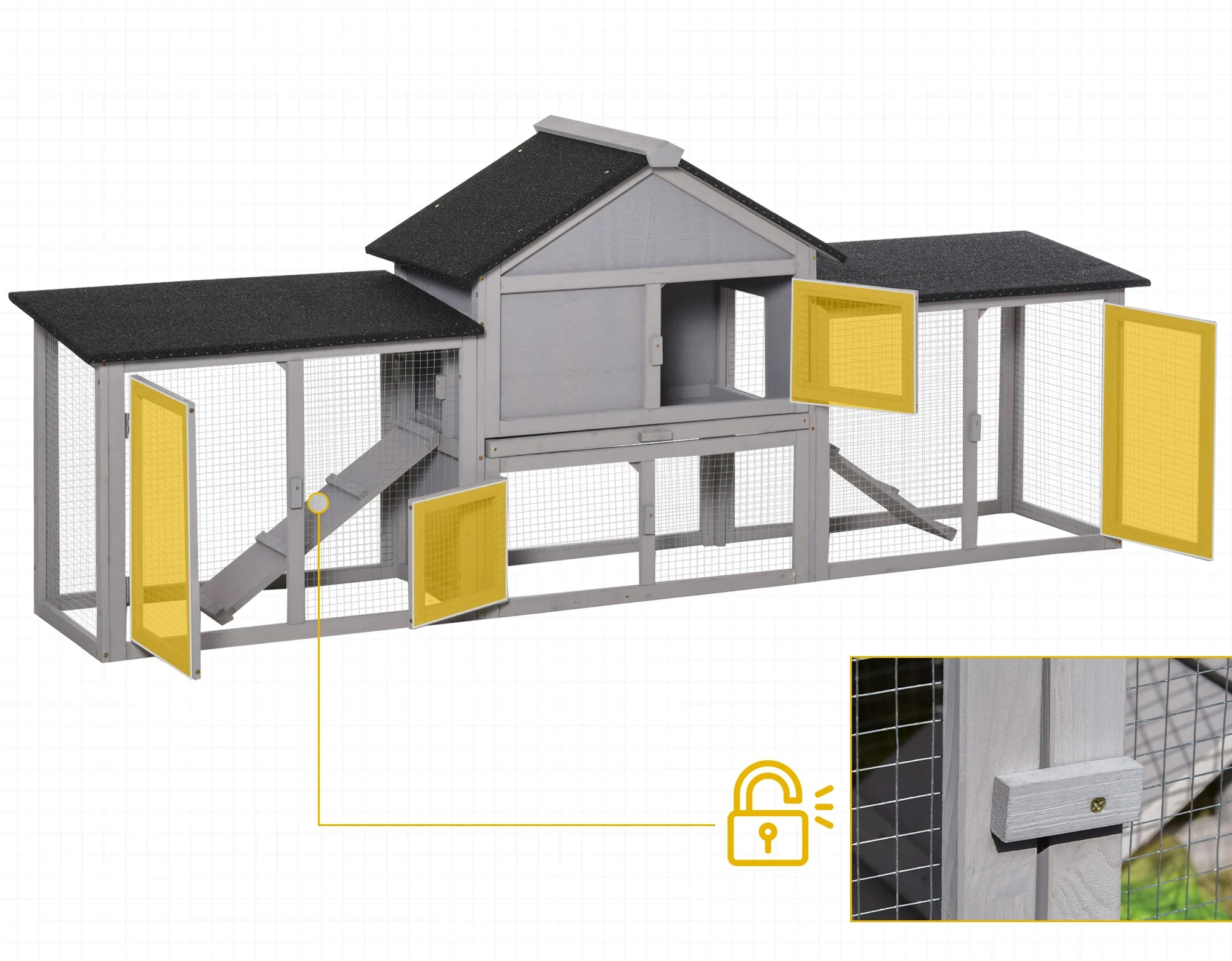 Rabbit Hutch Outdoor Large 2-4 Rabbits Wooden Guinea Pig Cage House Run 210cm Weatherproof Asphalt Roof Pull-Out Tray | Koossa