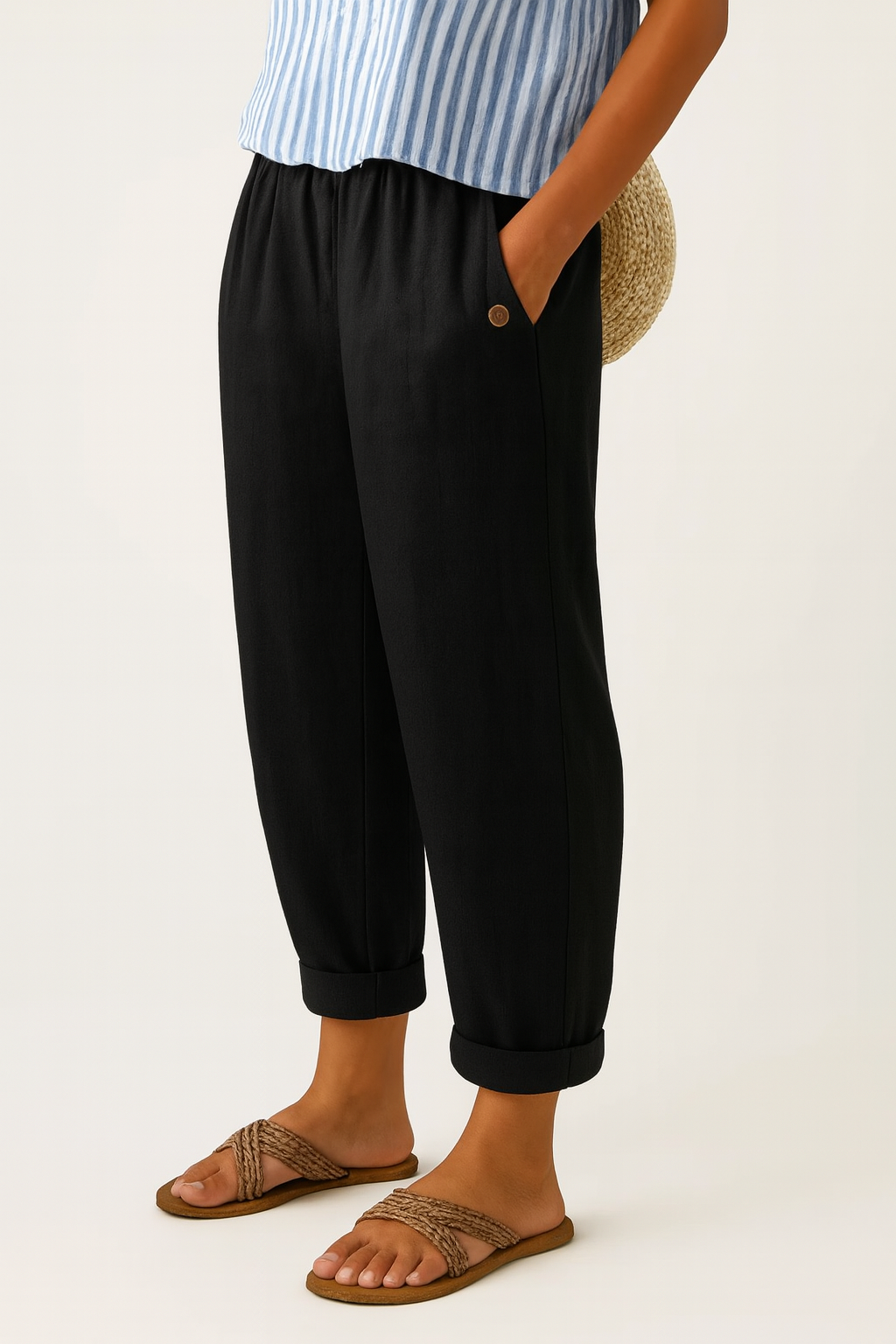 Women's Lightweight Cotton Trousers with Elastic Waist in Beige, White, Blue, Olive, Grey & Black – Relaxed Straight Leg for Effortless Summer Everyday Style | Koossa