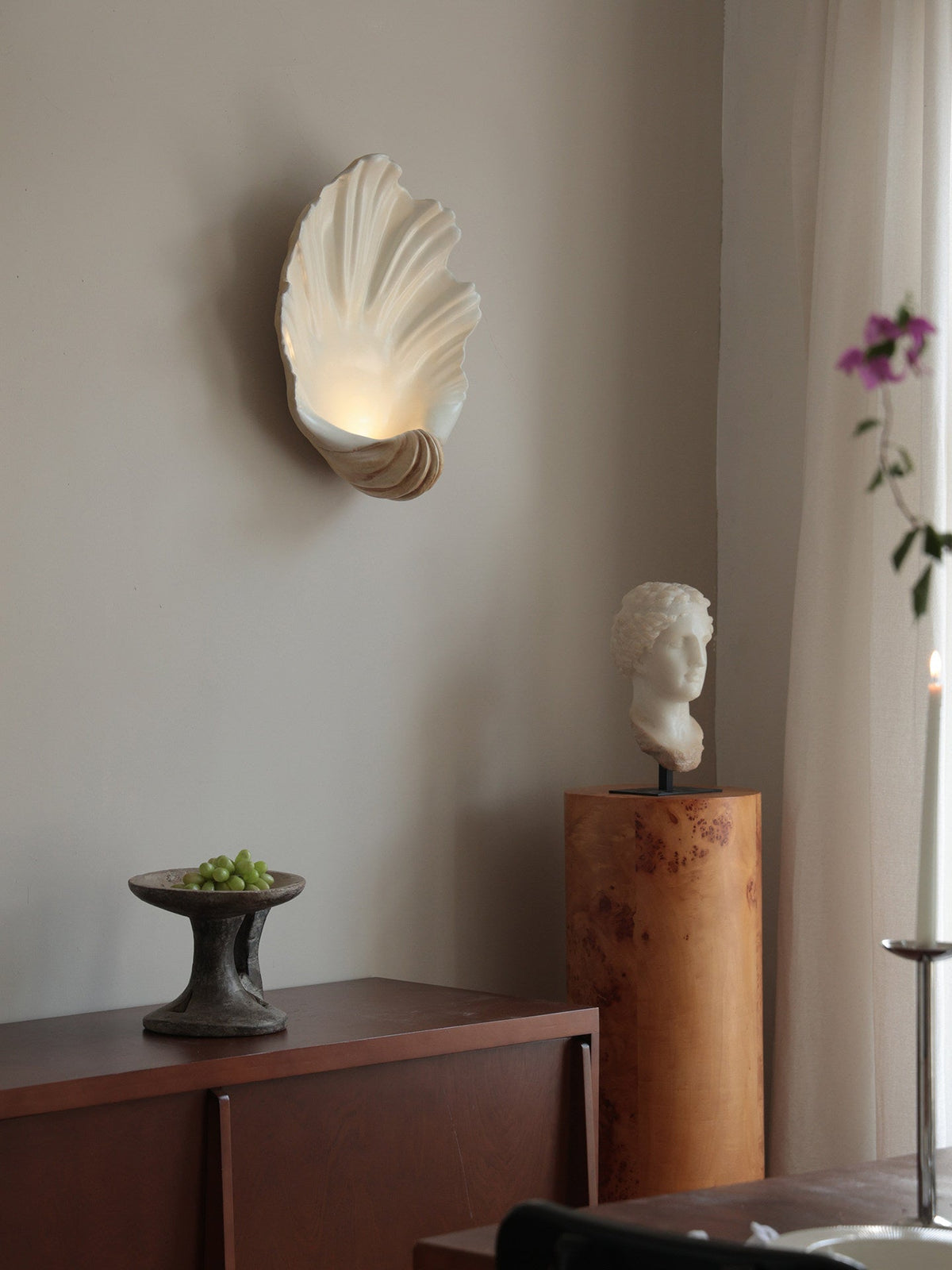Coastal Seashell Wall Light with Wood Base — Cream Resin Sconce for Bedroom, Living Room, Hallway — Hardwired or Battery Operated Accent | Lonoma