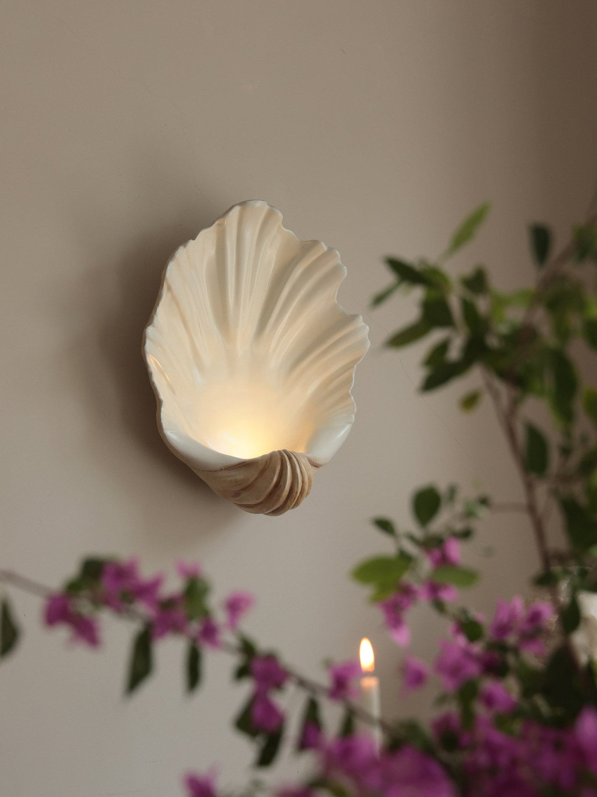 Coastal Seashell Wall Light with Wood Base — Cream Resin Sconce for Bedroom, Living Room, Hallway — Hardwired or Battery Operated Accent | Lonoma
